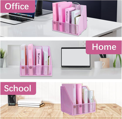 Desk Organizers, Metal Magazine File Holder with 4 Vertical Compartments Rack Binder File Organizer for Office Supplies, Home Workspace - Purple