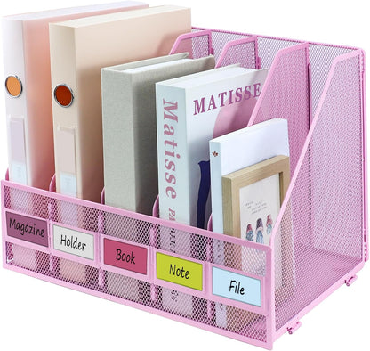 Desk Organizers, Metal Magazine File Holder with 4 Vertical Compartments Rack Binder File Organizer for Office Supplies, Home Workspace - Purple