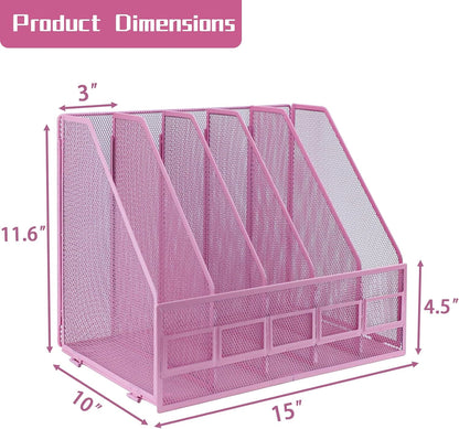 Desk Organizers, Metal Magazine File Holder with 4 Vertical Compartments Rack Binder File Organizer for Office Supplies, Home Workspace - Purple