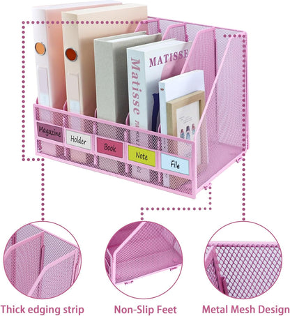 Desk Organizers, Metal Magazine File Holder with 4 Vertical Compartments Rack Binder File Organizer for Office Supplies, Home Workspace - Purple