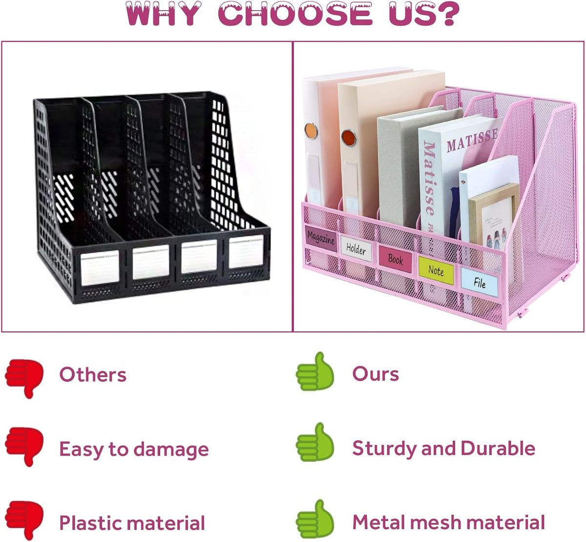 Desk Organizers, Metal Magazine File Holder with 4 Vertical Compartments Rack Binder File Organizer for Office Supplies, Home Workspace - Purple