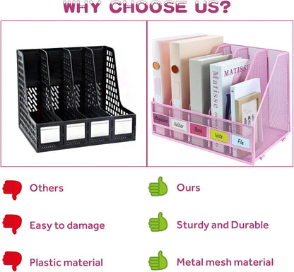Desk Organizers, Metal Magazine File Holder with 4 Vertical Compartments Rack Binder File Organizer for Office Supplies, Home Workspace - Purple