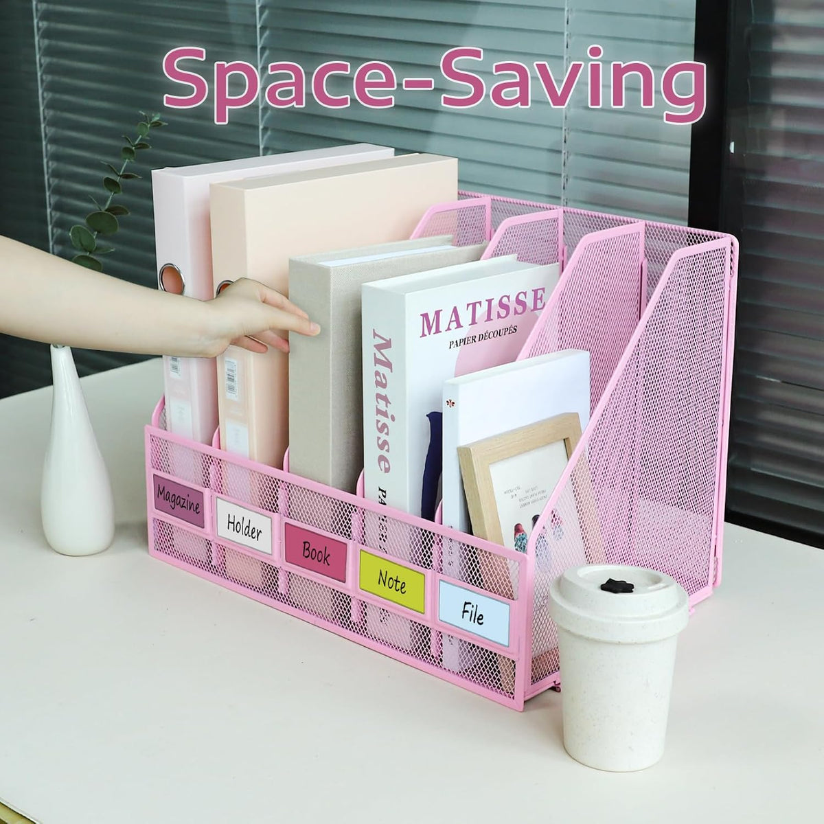 Desk Organizers, Metal Magazine File Holder with 4 Vertical Compartments Rack Binder File Organizer for Office Supplies, Home Workspace - Purple