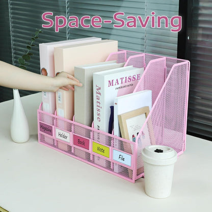Desk Organizers, Metal Magazine File Holder with 4 Vertical Compartments Rack Binder File Organizer for Office Supplies, Home Workspace - Purple
