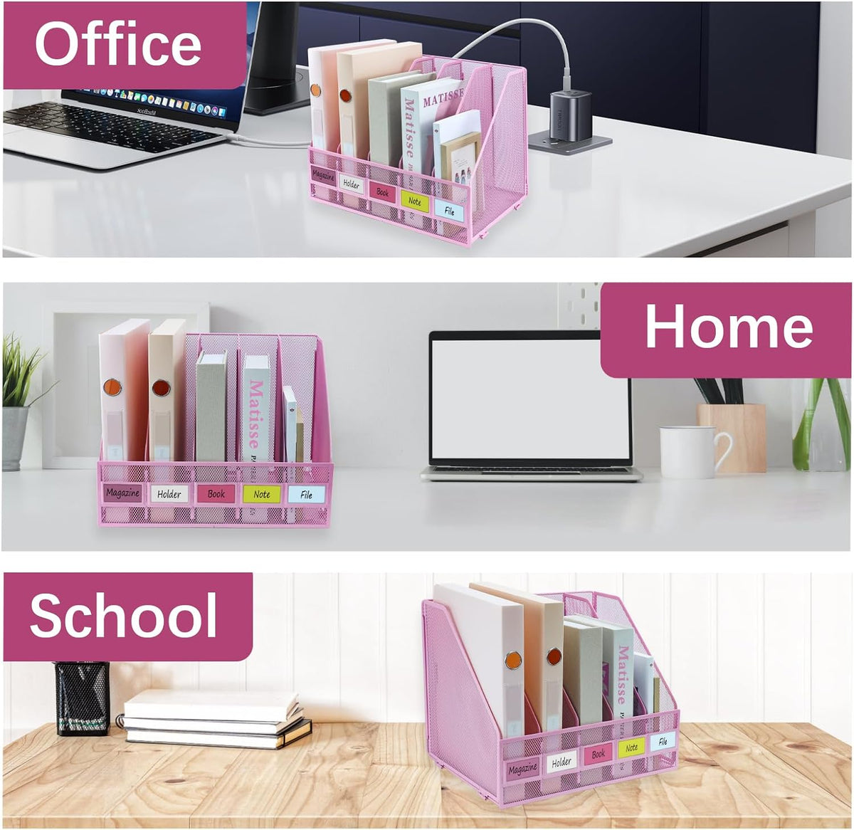 Desk Organizers, Metal Magazine File Holder with 4 Vertical Compartments Rack Binder File Organizer for Office Supplies, Home Workspace - Purple