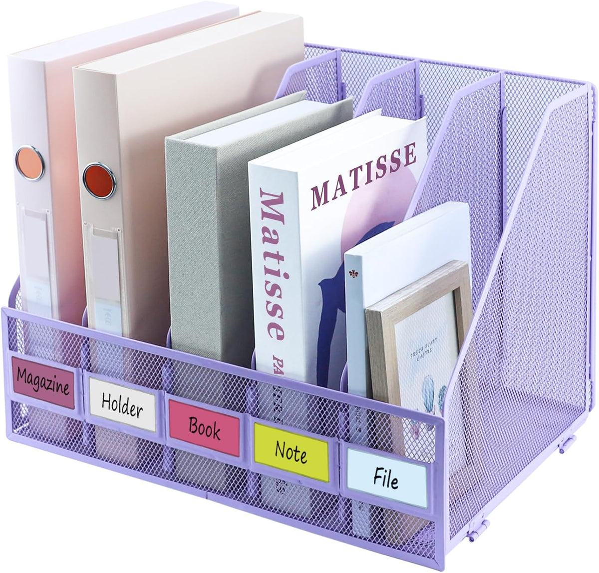 Desk Organizers, Metal Magazine File Holder with 4 Vertical Compartments Rack Binder File Organizer for Office Supplies, Home Workspace - Purple