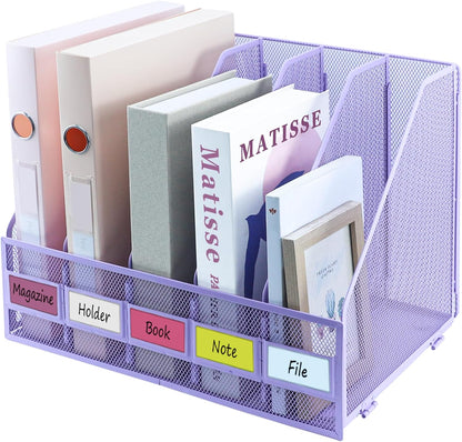 Desk Organizers, Metal Magazine File Holder with 4 Vertical Compartments Rack Binder File Organizer for Office Supplies, Home Workspace - Purple