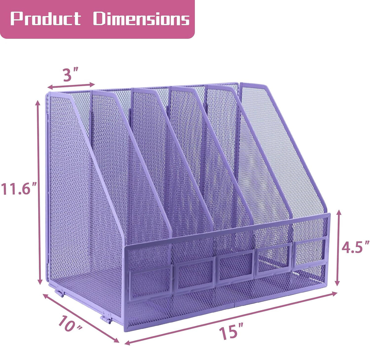 Desk Organizers, Metal Magazine File Holder with 4 Vertical Compartments Rack Binder File Organizer for Office Supplies, Home Workspace - Purple