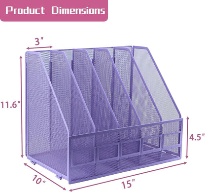 Desk Organizers, Metal Magazine File Holder with 4 Vertical Compartments Rack Binder File Organizer for Office Supplies, Home Workspace - Purple