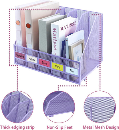 Desk Organizers, Metal Magazine File Holder with 4 Vertical Compartments Rack Binder File Organizer for Office Supplies, Home Workspace - Purple