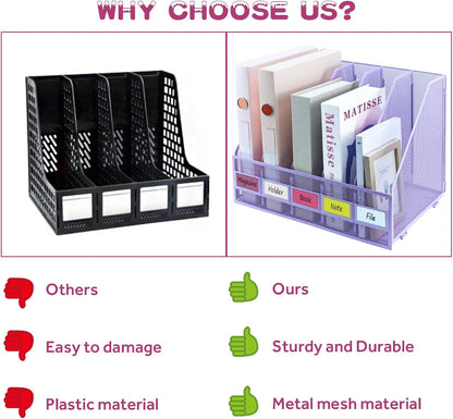 Desk Organizers, Metal Magazine File Holder with 4 Vertical Compartments Rack Binder File Organizer for Office Supplies, Home Workspace - Purple