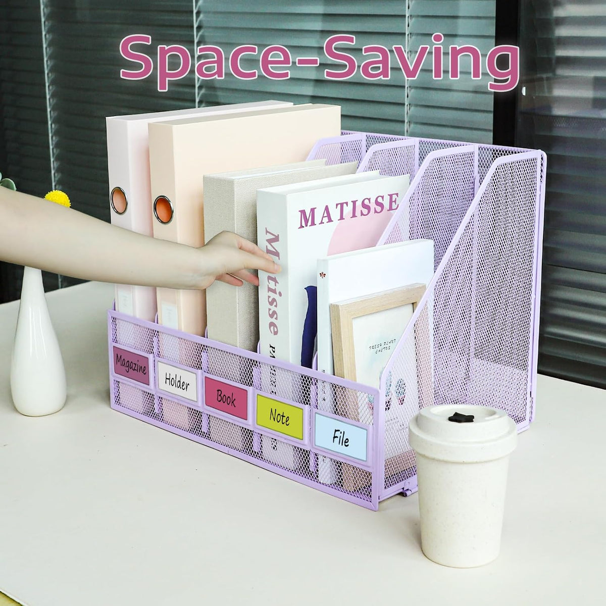 Desk Organizers, Metal Magazine File Holder with 4 Vertical Compartments Rack Binder File Organizer for Office Supplies, Home Workspace - Purple