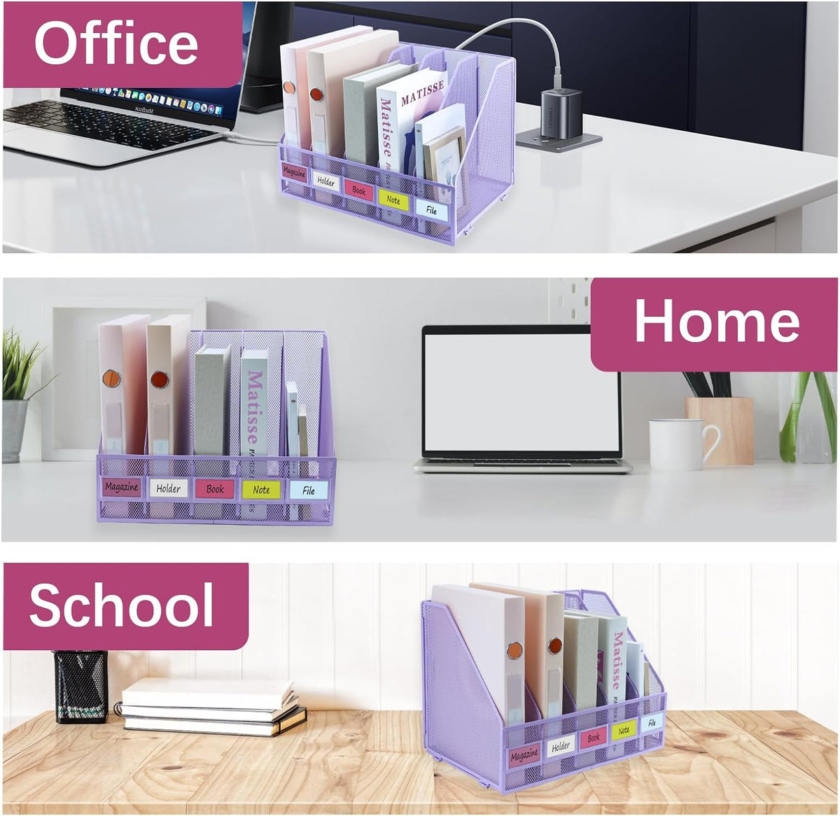 Desk Organizers, Metal Magazine File Holder with 4 Vertical Compartments Rack Binder File Organizer for Office Supplies, Home Workspace - Purple