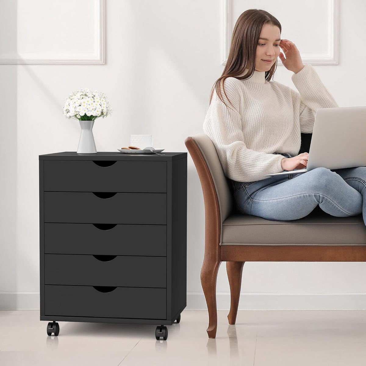 5-Drawer Chest, Office Storage Dresser File Cabinet with Wheels, Mobile Dresser for Home Office, Black