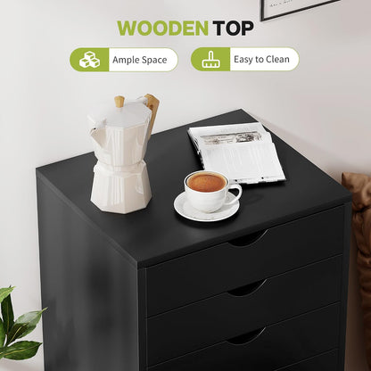 5-Drawer Chest, Office Storage Dresser File Cabinet with Wheels, Mobile Dresser for Home Office, Black