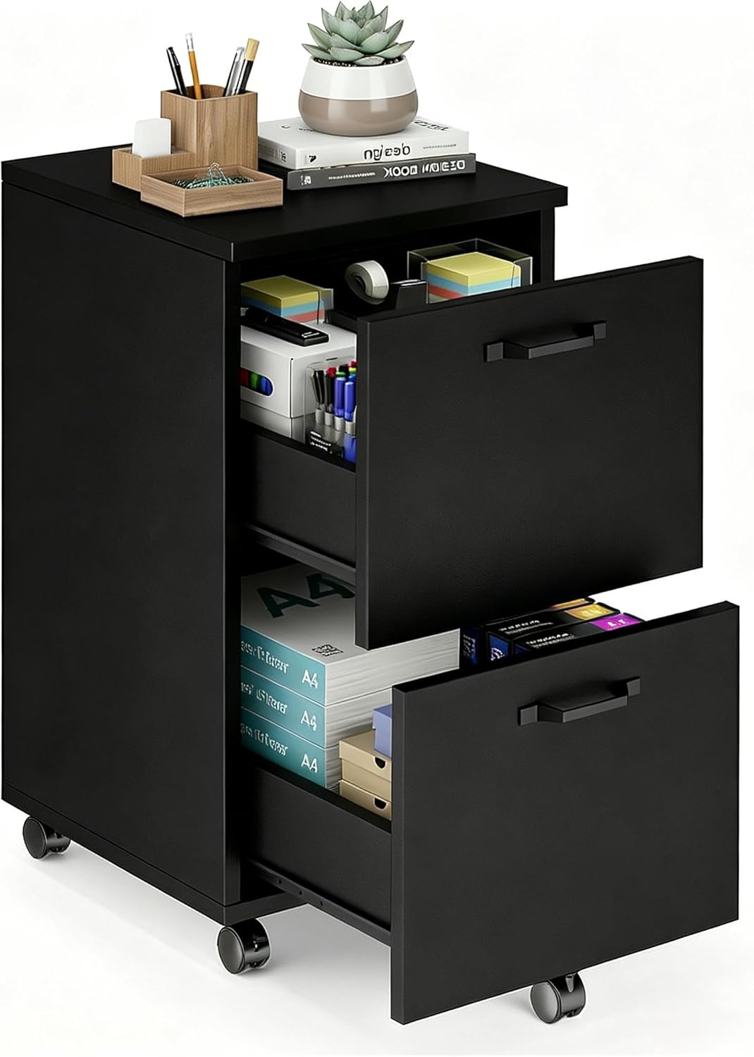 5-Drawer Chest, Office Storage Dresser File Cabinet with Wheels, Mobile Dresser for Home Office, Black