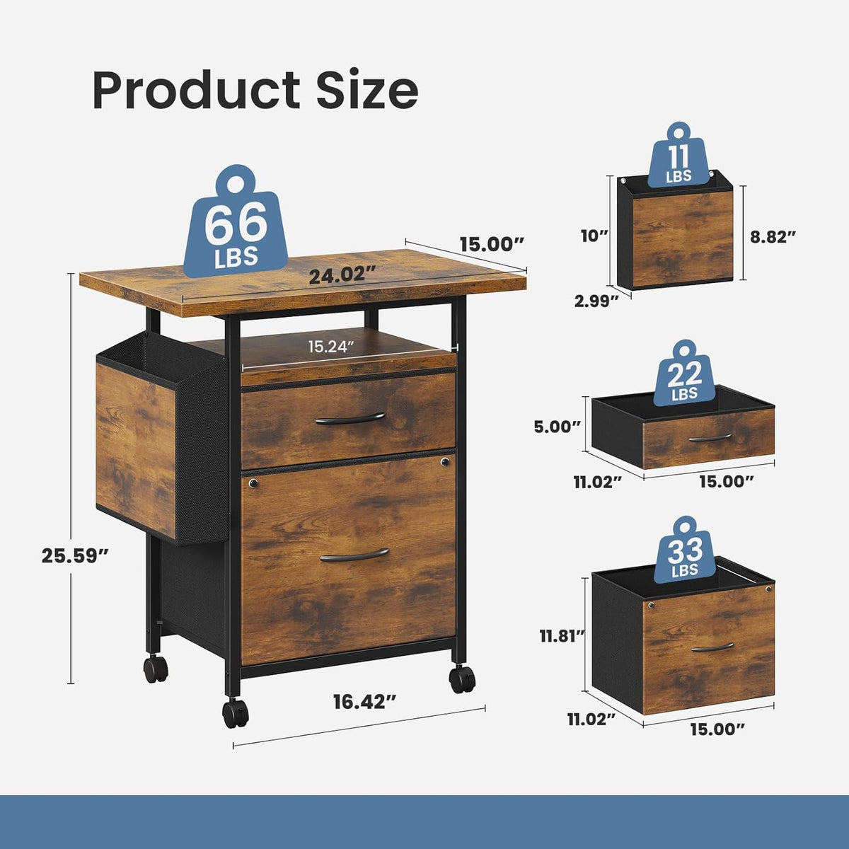 5-Drawer Chest, Office Storage Dresser File Cabinet with Wheels, Mobile Dresser for Home Office, Black