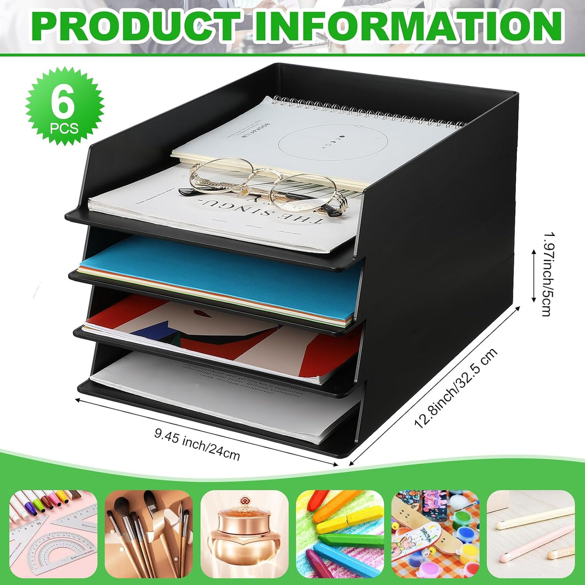 Black Letter Trays Stackable, 6 Pcs Plastic Desk Organizer