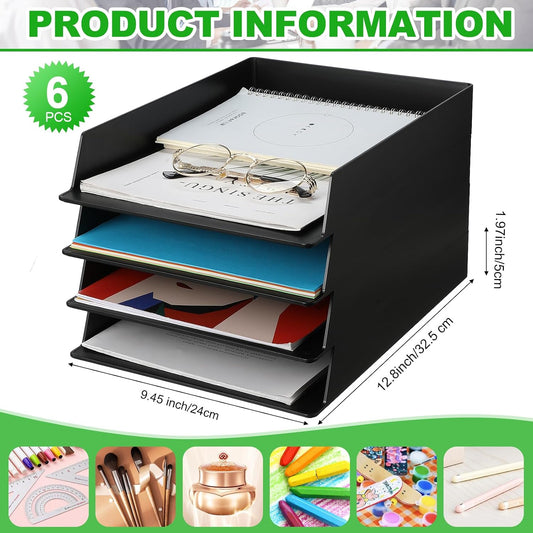Black Letter Trays Stackable, 6 Pcs Plastic Desk Organizer
