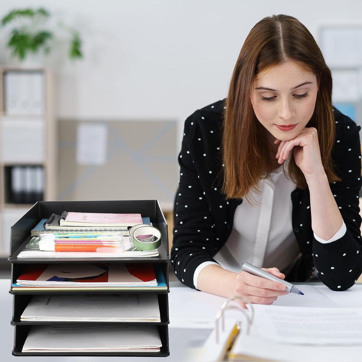 Black Letter Trays Stackable, 6 Pcs Plastic Desk Organizer