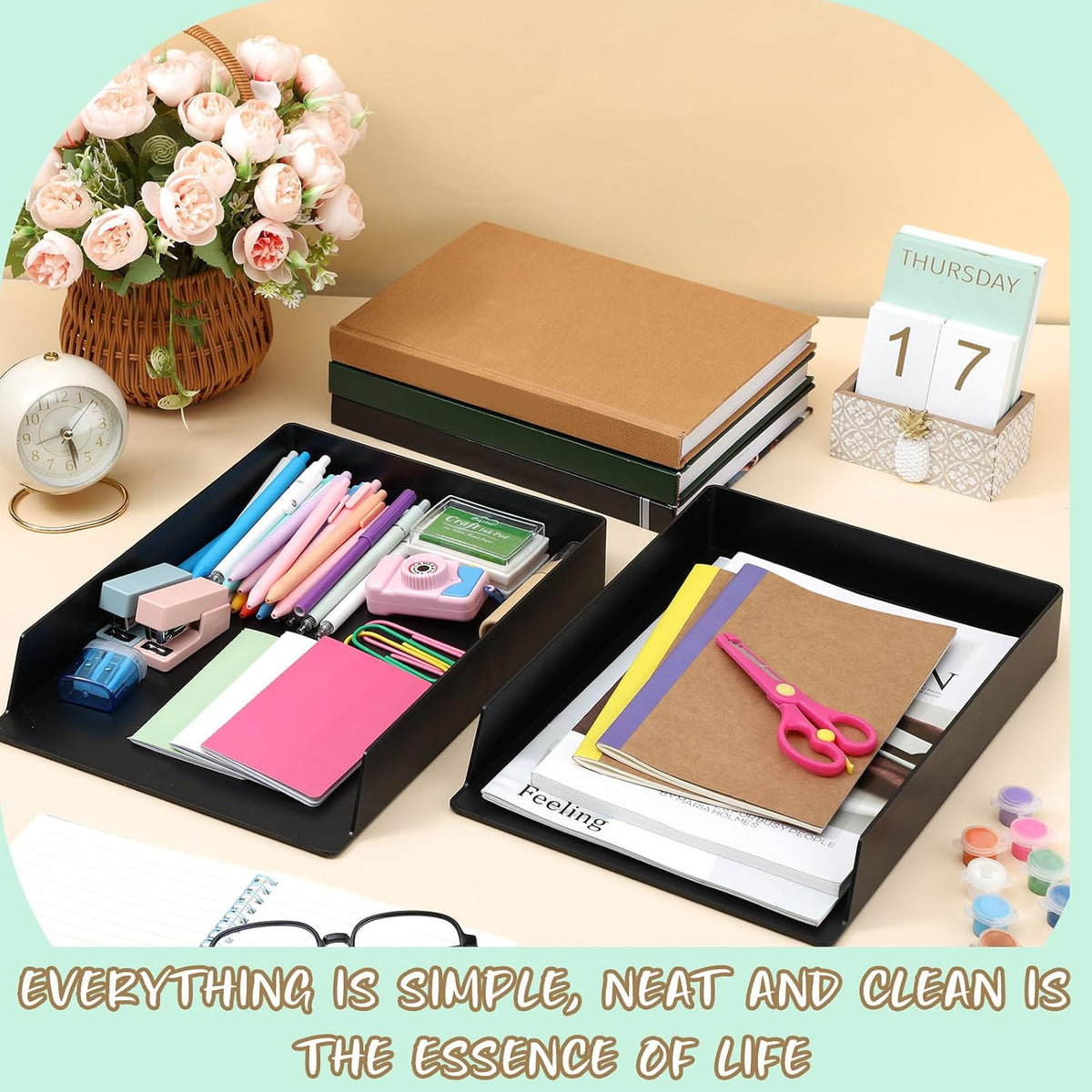 Black Letter Trays Stackable, 6 Pcs Plastic Desk Organizer