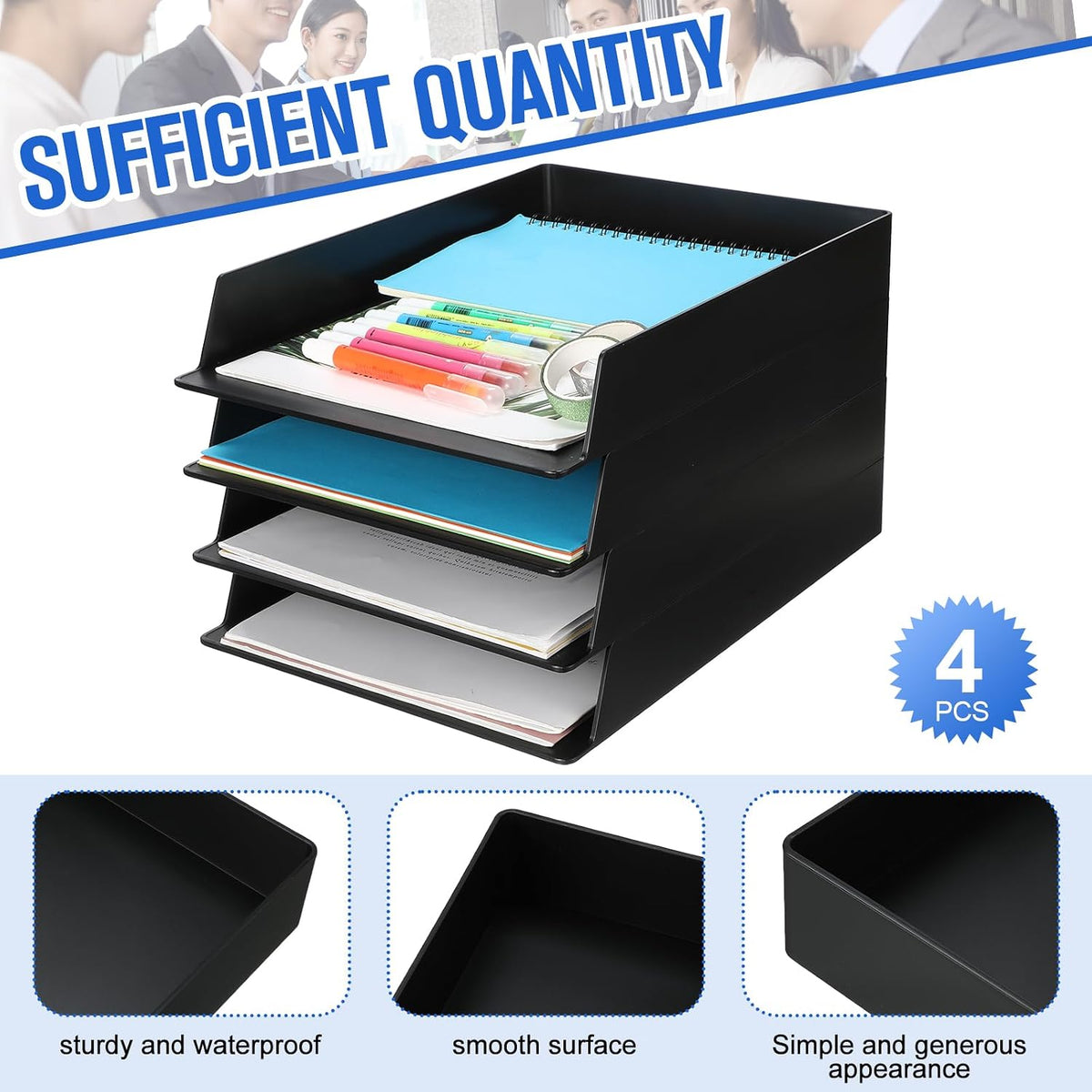 Black Letter Trays Stackable, 6 Pcs Plastic Desk Organizer