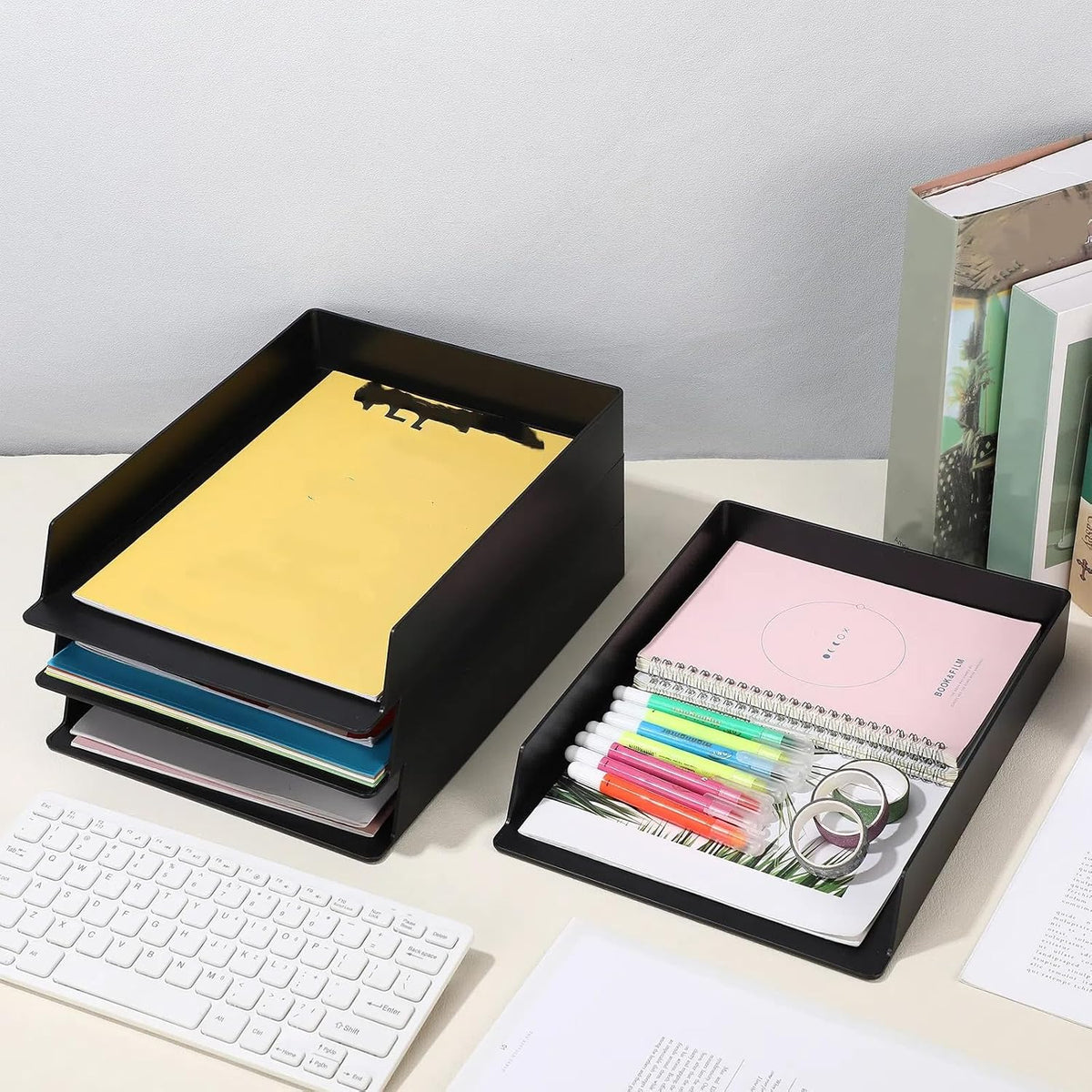 Black Letter Trays Stackable, 6 Pcs Plastic Desk Organizer