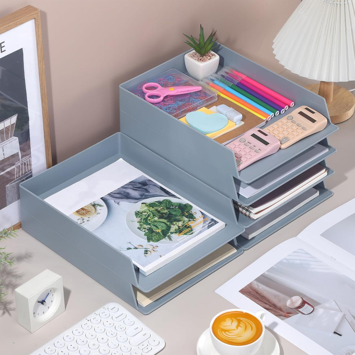 Black Letter Trays Stackable, 6 Pcs Plastic Desk Organizer