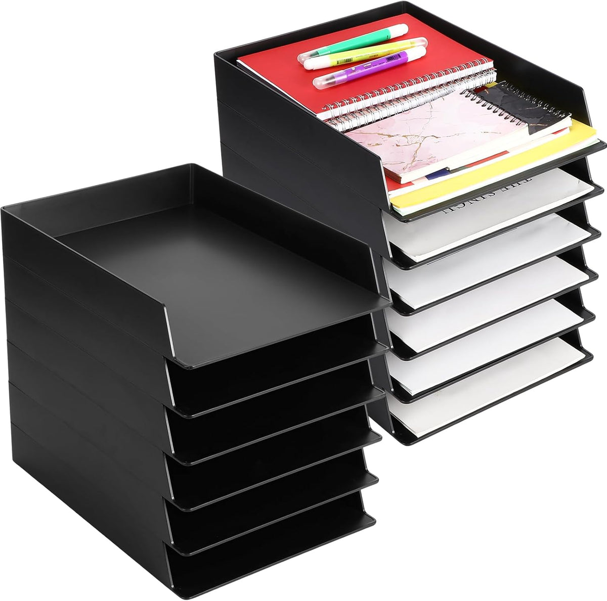 Black Letter Trays Stackable, 6 Pcs Plastic Desk Organizer