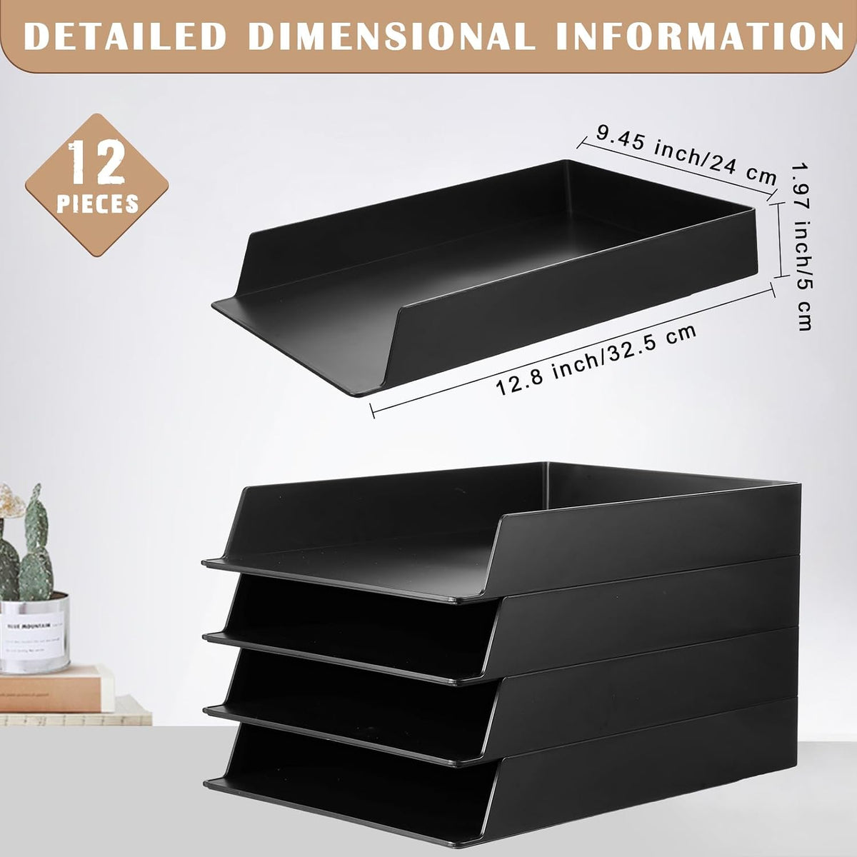 Black Letter Trays Stackable, 6 Pcs Plastic Desk Organizer