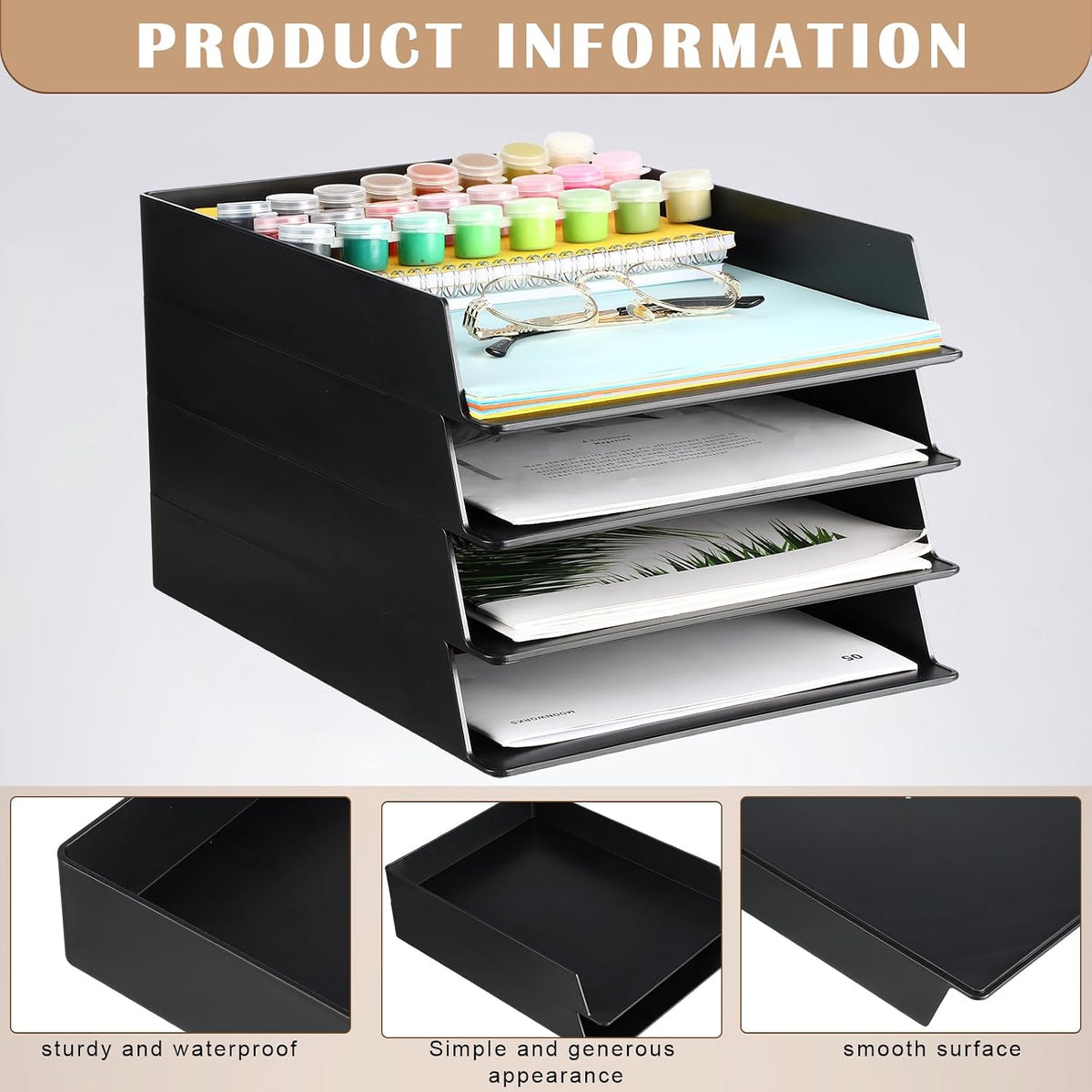 Black Letter Trays Stackable, 6 Pcs Plastic Desk Organizer