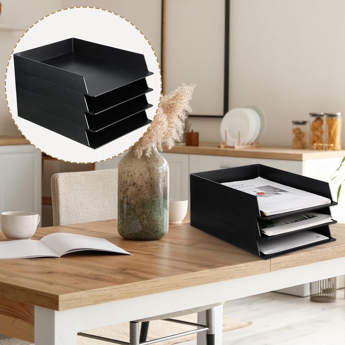 Black Letter Trays Stackable, 6 Pcs Plastic Desk Organizer