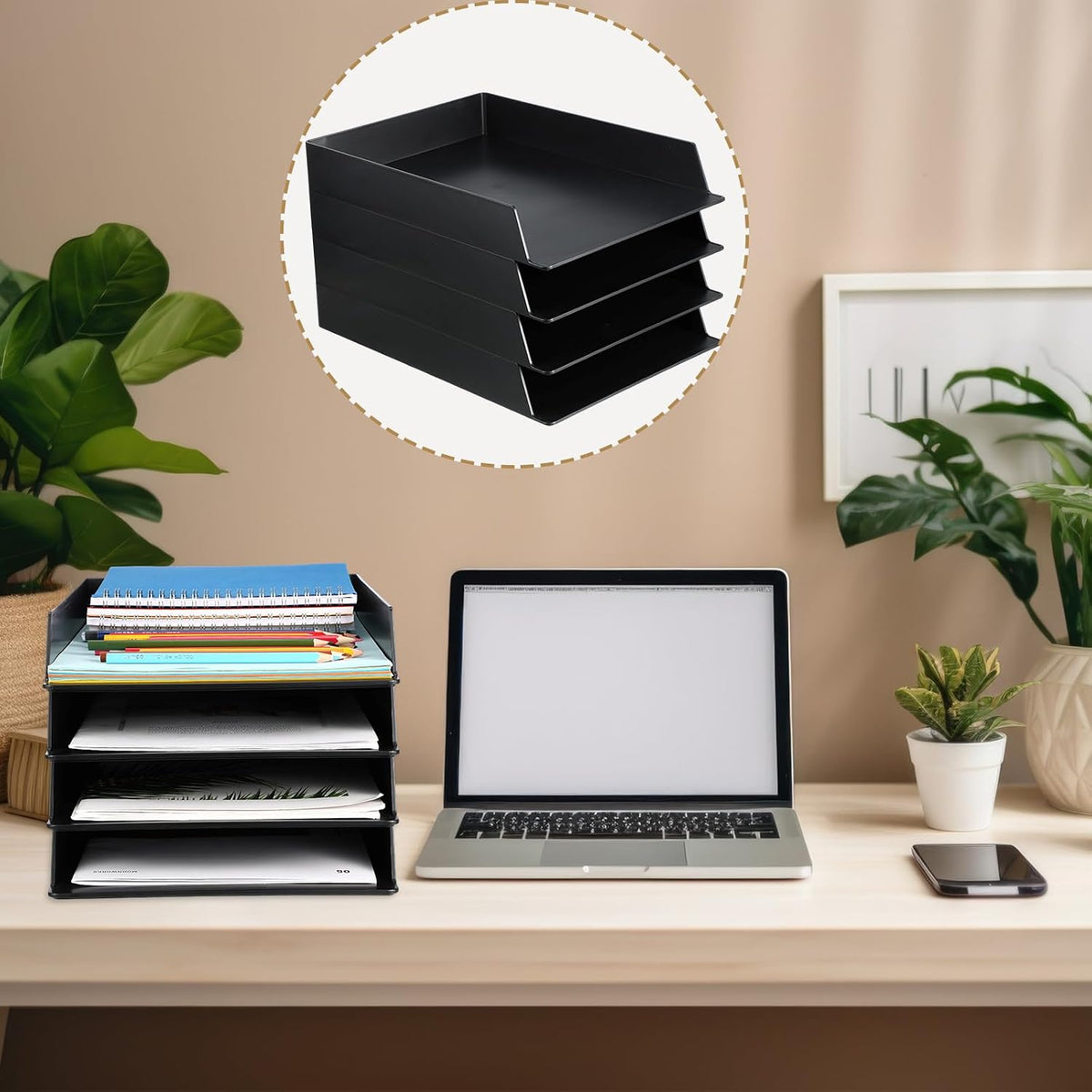 Black Letter Trays Stackable, 6 Pcs Plastic Desk Organizer