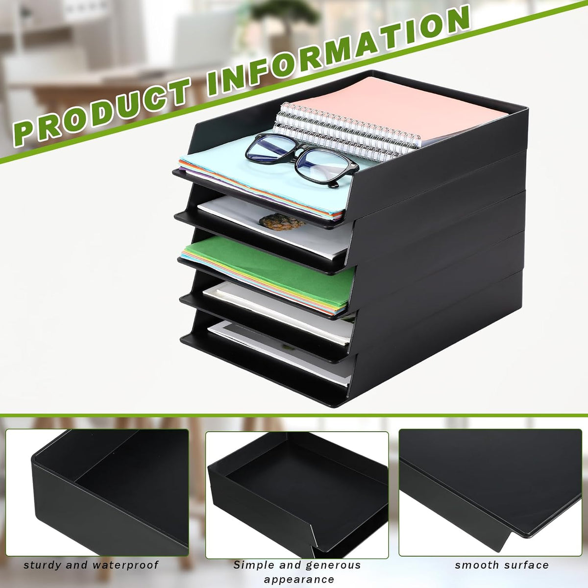 Black Letter Trays Stackable, 6 Pcs Plastic Desk Organizer