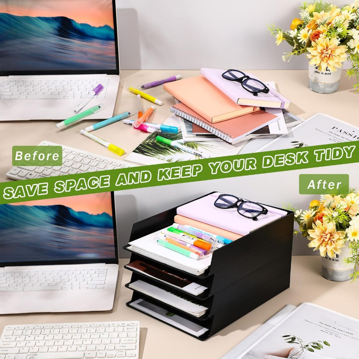 Black Letter Trays Stackable, 6 Pcs Plastic Desk Organizer