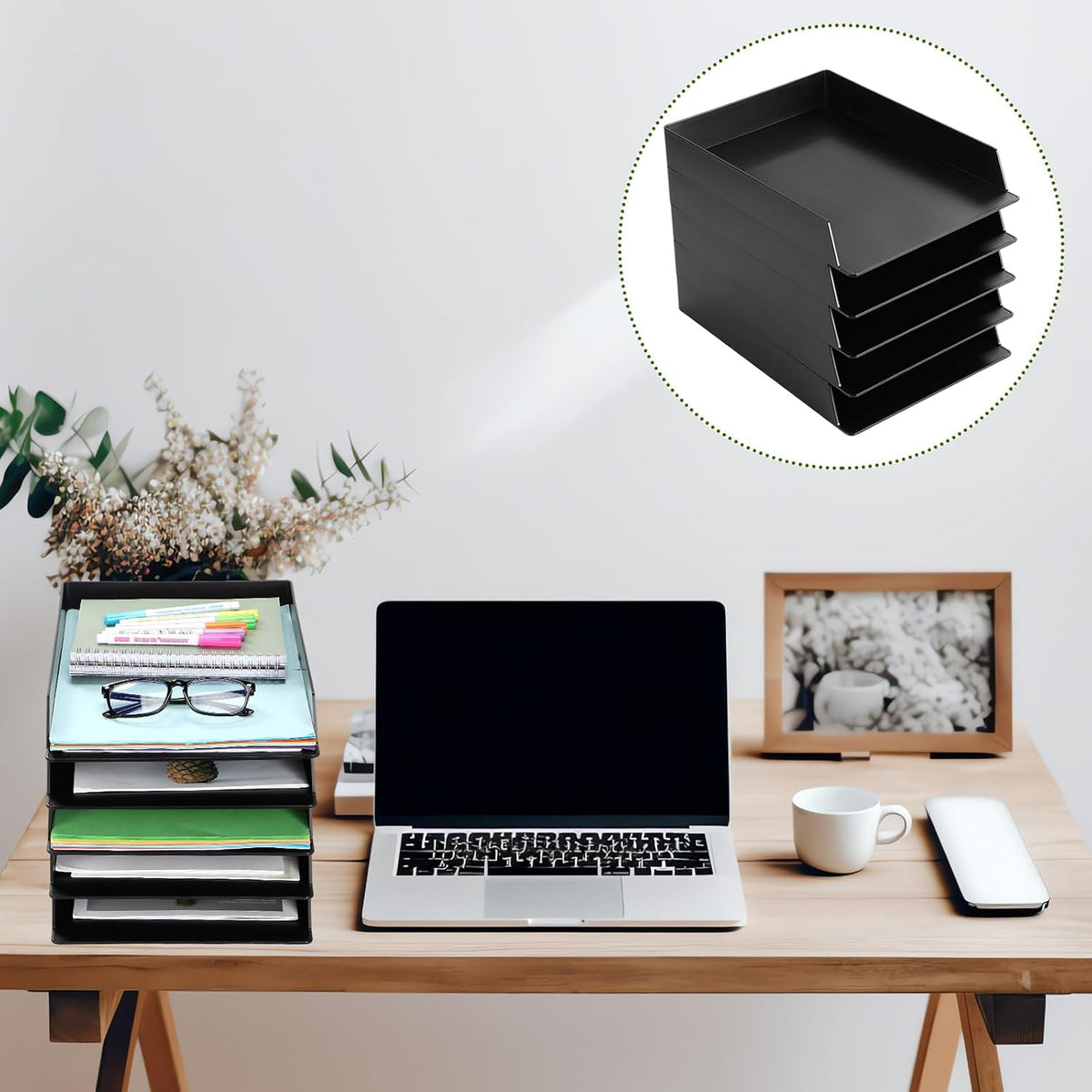 Black Letter Trays Stackable, 6 Pcs Plastic Desk Organizer