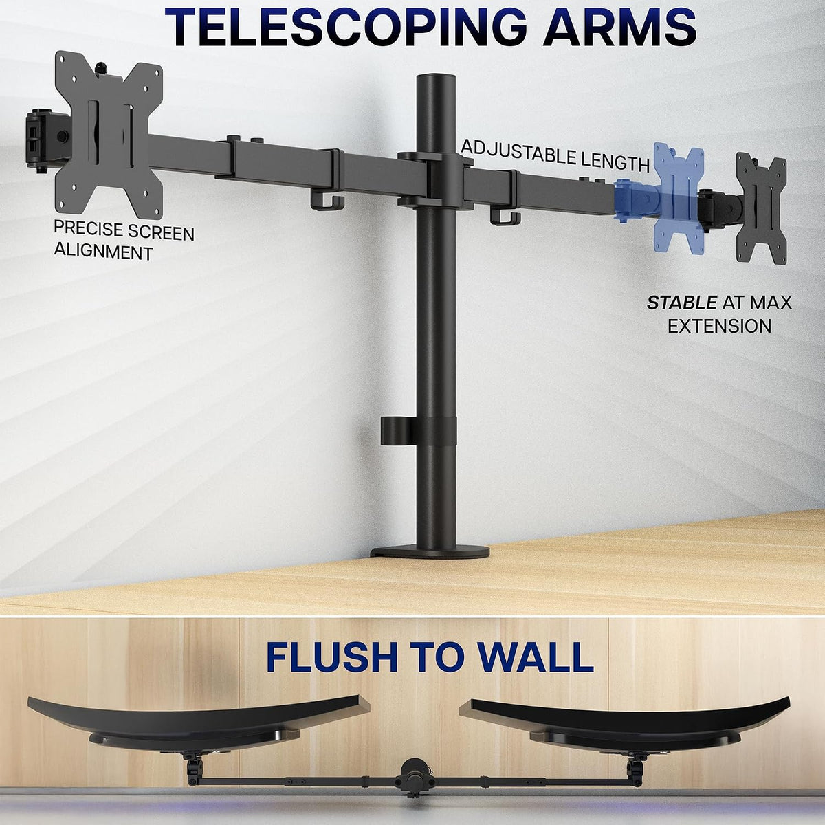 Premium Dual Ultra Wide LCD LED 27 to 38 inch Monitor Desk Mount, Heavy Duty, Adjustable Telescoping Arms, Flush Wall Setup, Fits 2 Screens, Black, STAND-TS38C