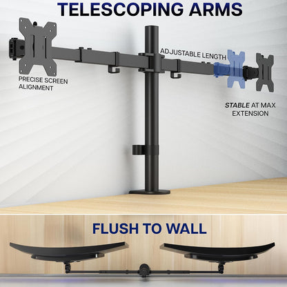 Premium Dual Ultra Wide LCD LED 27 to 38 inch Monitor Desk Mount, Heavy Duty, Adjustable Telescoping Arms, Flush Wall Setup, Fits 2 Screens, Black, STAND-TS38C
