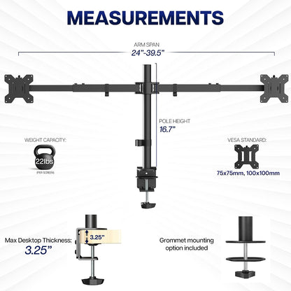 Premium Dual Ultra Wide LCD LED 27 to 38 inch Monitor Desk Mount, Heavy Duty, Adjustable Telescoping Arms, Flush Wall Setup, Fits 2 Screens, Black, STAND-TS38C