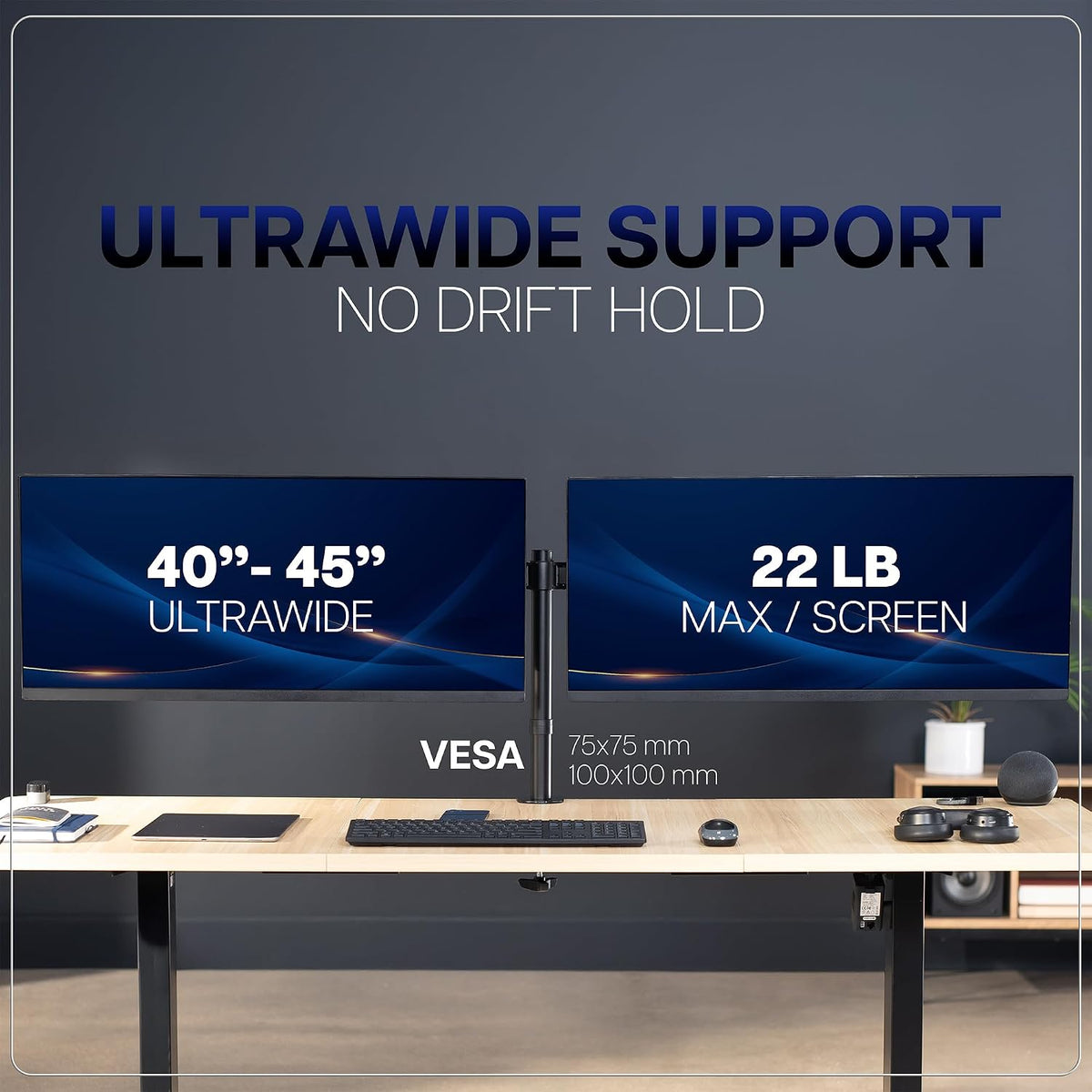 Premium Dual Ultra Wide LCD LED 27 to 38 inch Monitor Desk Mount, Heavy Duty, Adjustable Telescoping Arms, Flush Wall Setup, Fits 2 Screens, Black, STAND-TS38C