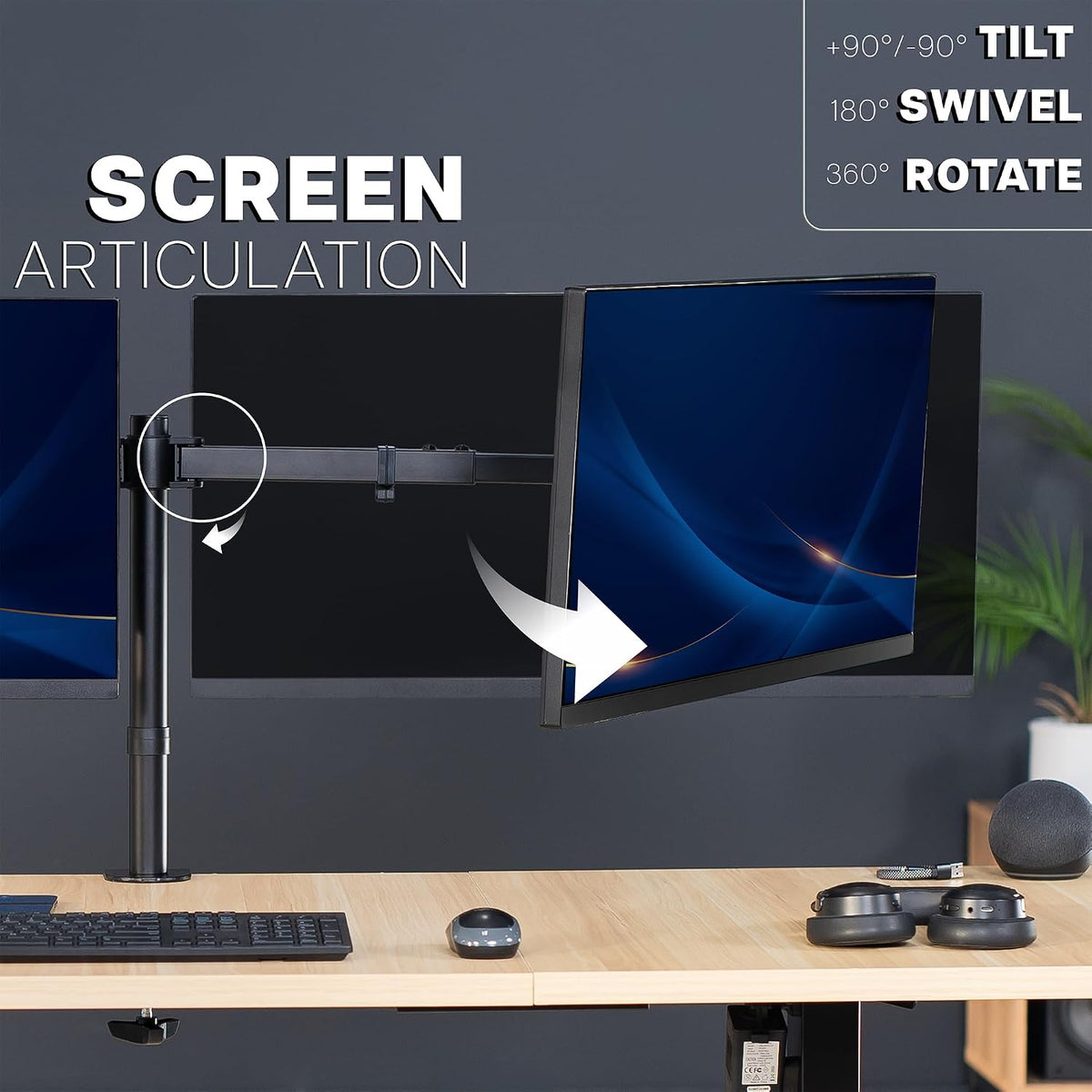 Premium Dual Ultra Wide LCD LED 27 to 38 inch Monitor Desk Mount, Heavy Duty, Adjustable Telescoping Arms, Flush Wall Setup, Fits 2 Screens, Black, STAND-TS38C
