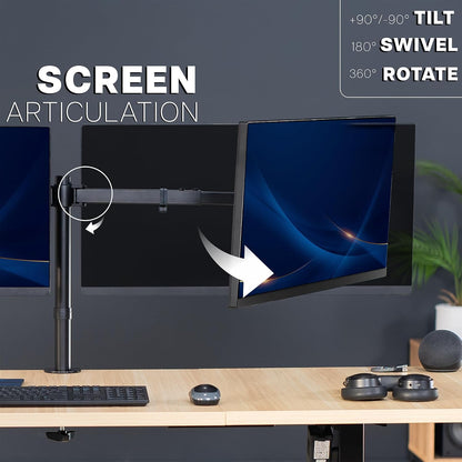 Premium Dual Ultra Wide LCD LED 27 to 38 inch Monitor Desk Mount, Heavy Duty, Adjustable Telescoping Arms, Flush Wall Setup, Fits 2 Screens, Black, STAND-TS38C