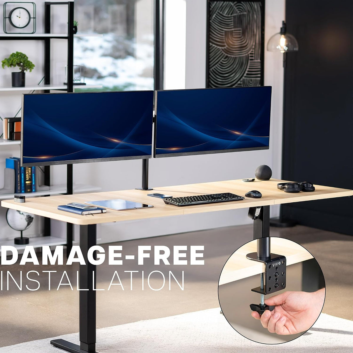 Premium Dual Ultra Wide LCD LED 27 to 38 inch Monitor Desk Mount, Heavy Duty, Adjustable Telescoping Arms, Flush Wall Setup, Fits 2 Screens, Black, STAND-TS38C
