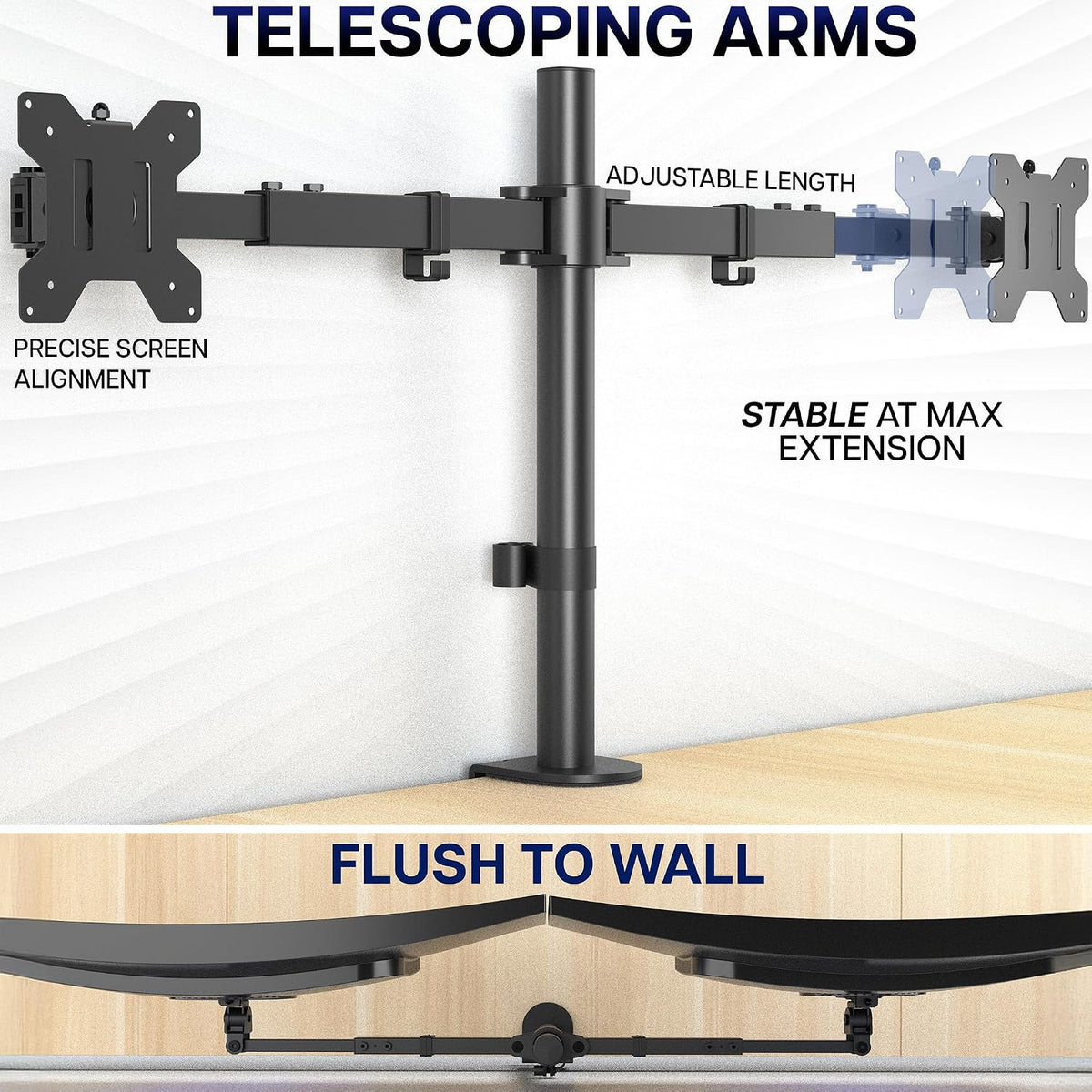 Premium Dual Ultra Wide LCD LED 27 to 38 inch Monitor Desk Mount, Heavy Duty, Adjustable Telescoping Arms, Flush Wall Setup, Fits 2 Screens, Black, STAND-TS38C