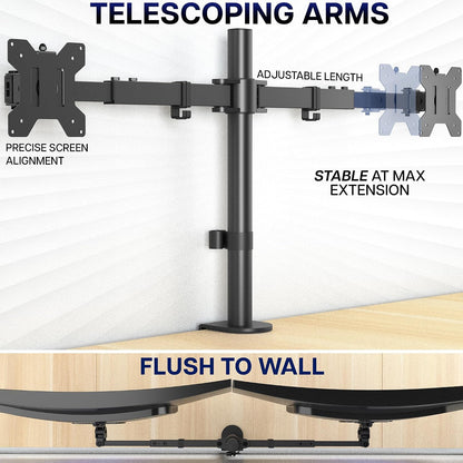 Premium Dual Ultra Wide LCD LED 27 to 38 inch Monitor Desk Mount, Heavy Duty, Adjustable Telescoping Arms, Flush Wall Setup, Fits 2 Screens, Black, STAND-TS38C