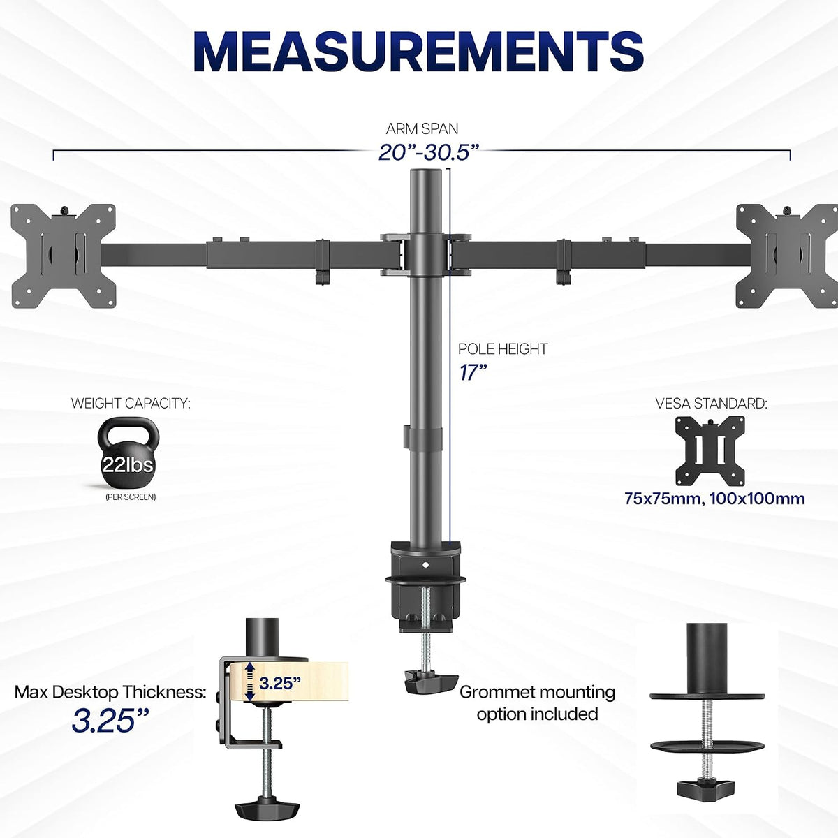Premium Dual Ultra Wide LCD LED 27 to 38 inch Monitor Desk Mount, Heavy Duty, Adjustable Telescoping Arms, Flush Wall Setup, Fits 2 Screens, Black, STAND-TS38C