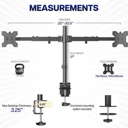 Premium Dual Ultra Wide LCD LED 27 to 38 inch Monitor Desk Mount, Heavy Duty, Adjustable Telescoping Arms, Flush Wall Setup, Fits 2 Screens, Black, STAND-TS38C