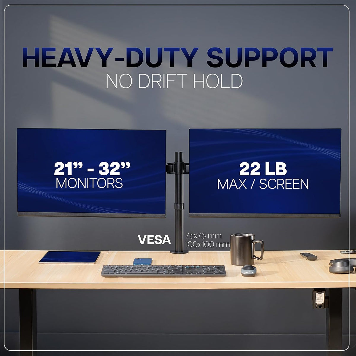 Premium Dual Ultra Wide LCD LED 27 to 38 inch Monitor Desk Mount, Heavy Duty, Adjustable Telescoping Arms, Flush Wall Setup, Fits 2 Screens, Black, STAND-TS38C
