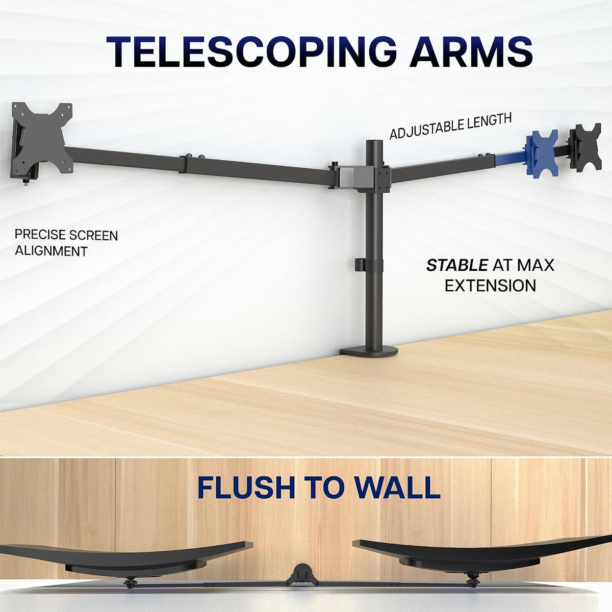 Premium Dual Ultra Wide LCD LED 27 to 38 inch Monitor Desk Mount, Heavy Duty, Adjustable Telescoping Arms, Flush Wall Setup, Fits 2 Screens, Black, STAND-TS38C