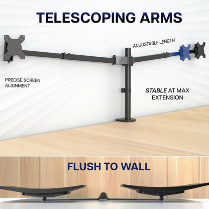 Premium Dual Ultra Wide LCD LED 27 to 38 inch Monitor Desk Mount, Heavy Duty, Adjustable Telescoping Arms, Flush Wall Setup, Fits 2 Screens, Black, STAND-TS38C